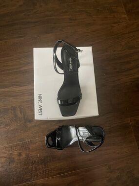 Nine West Black Patent Square-Toe Ankle-Strap Heels